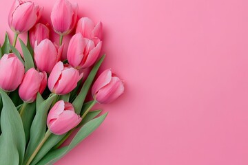 A cluster of vibrant pink tulips on a soft pink backdrop