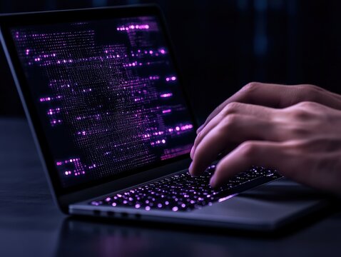 Hands typing on a laptop with vibrant purple code on the screen at night
