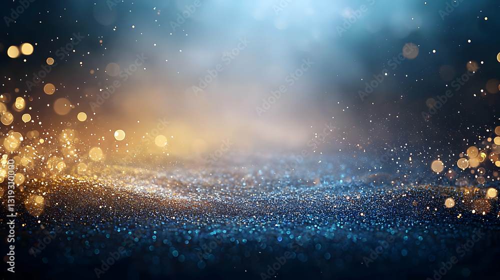 Poster Abstract blue and gold glitter background with bokeh effect a shimmering surface of tiny light particles creating a bright and luxurious texture