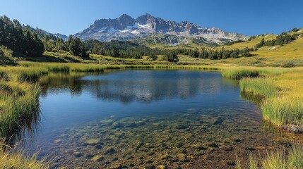 Fototapeta premium Serene alpine lake reflecting majestic peaks