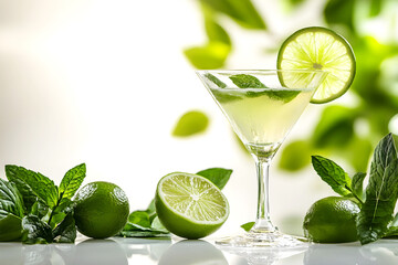 Refreshing lime cocktail in martini glass garnished with fresh mint and lime slice, surrounded by whole and halved limes with green leaves in the background