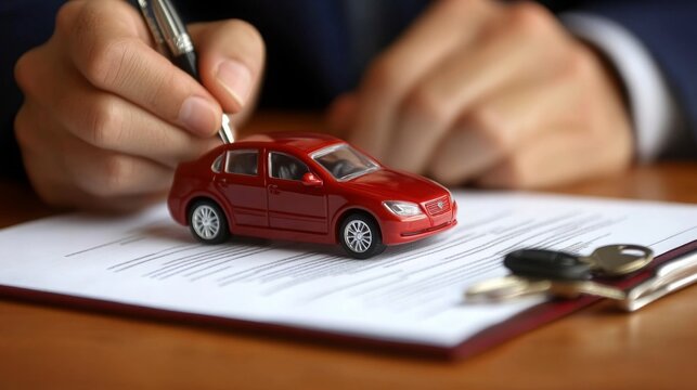 Signing a contract for a new car purchase in an office setting with a focus on a toy car replica