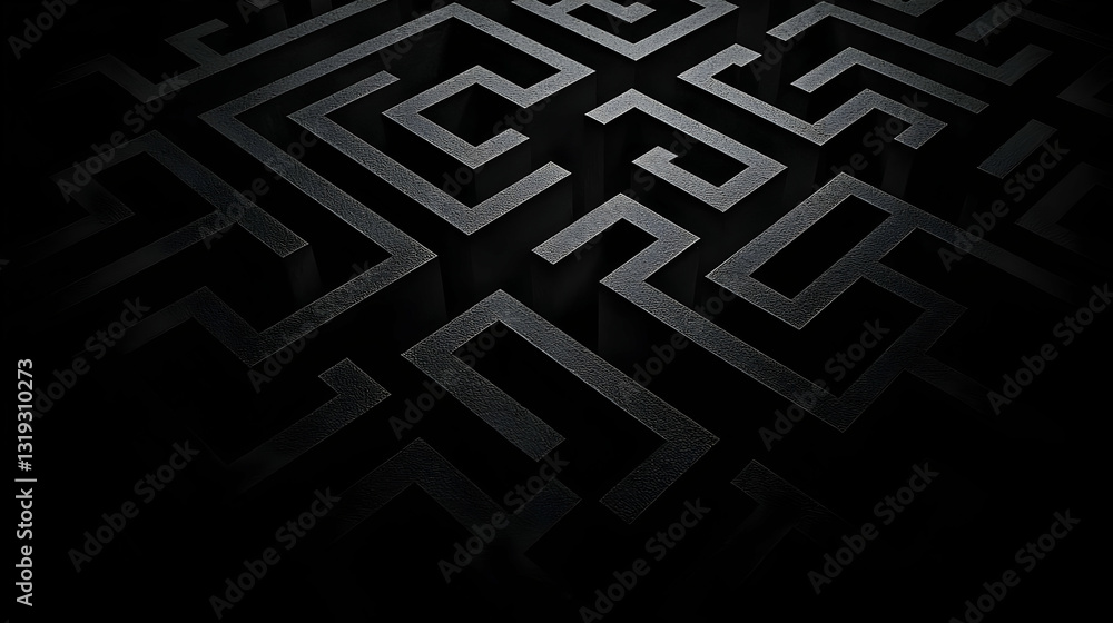 Poster dark maze pattern illustration in black and grey geometric design with intricate structure and compl
