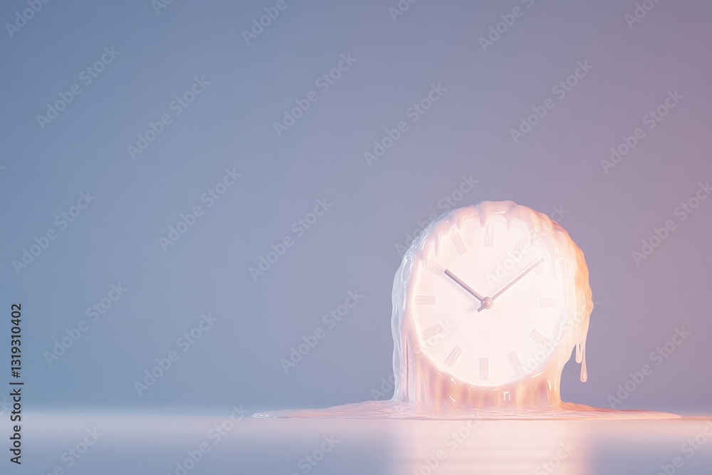 Poster conceptual depiction of liquid flowing out of abstract clock face glowing softly under warm gradient