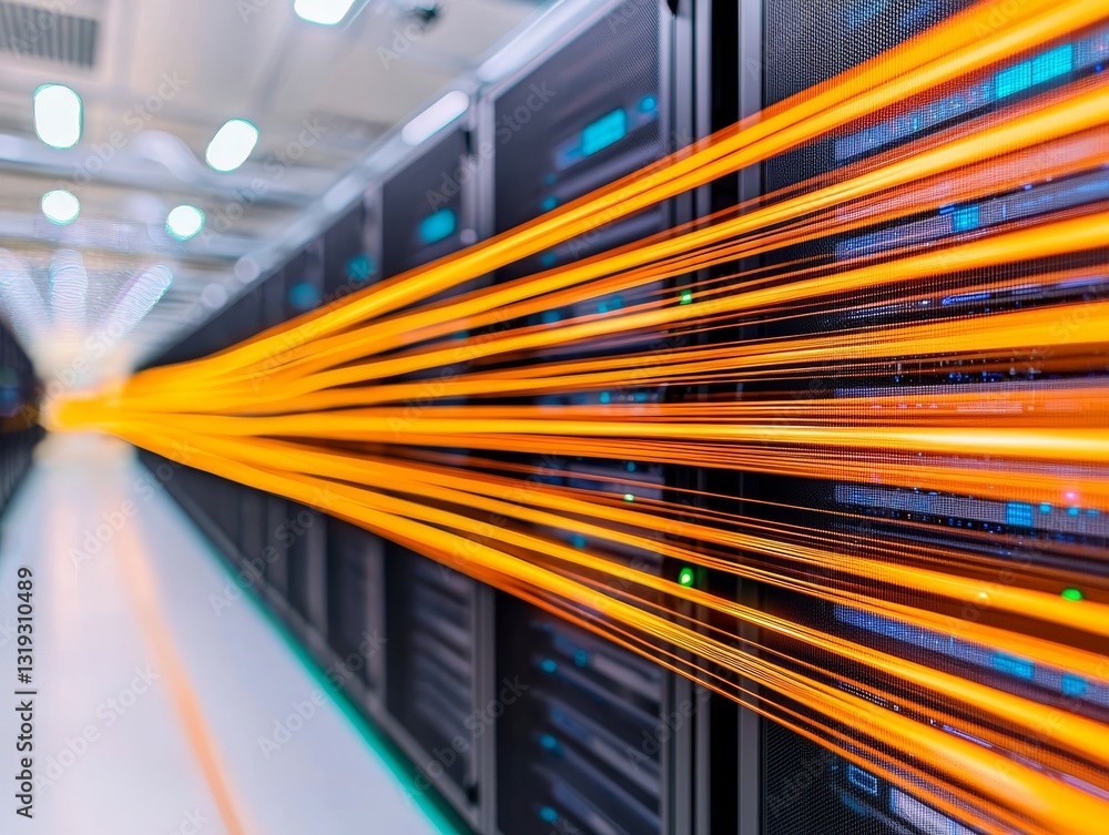Poster high speed data transfer fiber technology in a modern data center technology environment close-up vi