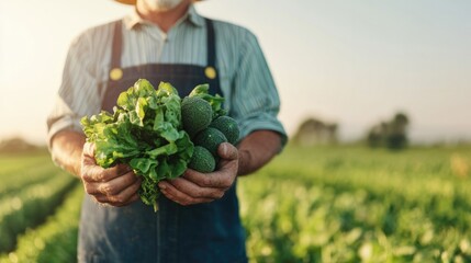 friendly farmer wearing overalls and straw hat holding bundle of freshly harvested vegetables with blurred field in
