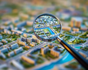 Closeup of a magnifying glass on a city model, focusing on cadastral details, building permits, land use planning, and zoning regulations, ultrahighdefinition urban model