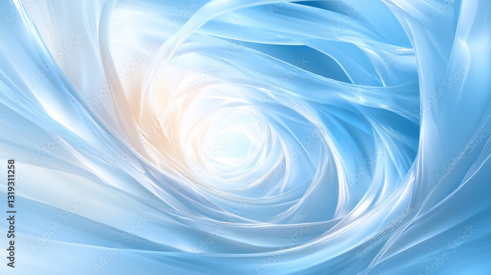 Poster dynamic forms in shades of blue and white swirl together, creating a hypnotic effect that draws the 