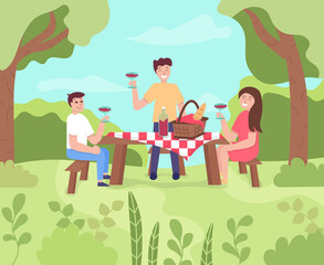 People have picnic in park. Happy friends with kids or group of friends sits on the bench at the table, eats and drinks on picnic, spend summer weekend outdoors.