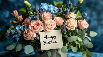 Elegant happy birthday flower bouquet with soft pastel roses and green foliage
