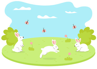 Cute bunnies jumping around the field among flowers and bushes. Flat illustration with clouds