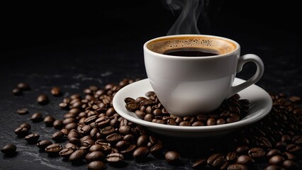 Fototapeta premium Freshly brewed coffee cup with aromatic beans on the side
