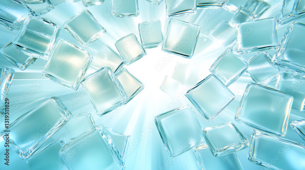 Poster numerous crystal clear ice cubes cascade from above, creating a vibrant display of light and reflect