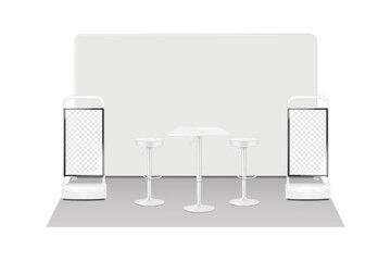 Trade show booth display kit mock-up. Expo tradeshow set template. Backdrop banner, adjustable height table, two bar stools, digital LED display exhibition stands. 3d vector mockup. Easy editable