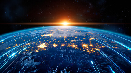 Bright sunlight emerges on the horizon, illuminating Earth's surface with vibrant city lights. The view captures the beauty of space and technological connections through dynamic light trails