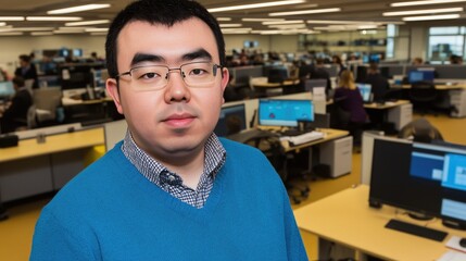 Fototapeta premium Asian man in blue sweater and checkered shirt standing in open - office environment. Busy workplace with multiple desks, computers and colleagues working, showing professional office scene.