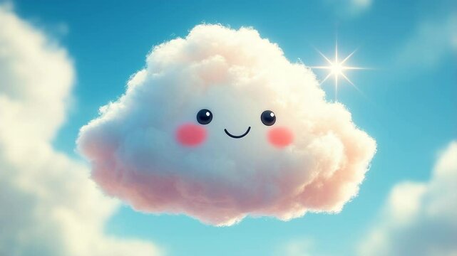 Cute Fluffy Cloud Character Smiling Gently in Blue Sky with Sun: Seamless Loop Animation for Kids Content - Powered by Adobe