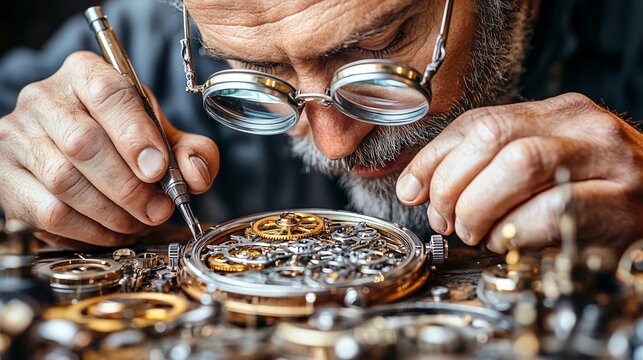 Close-up of a watchmaker repairing a mechanical timepiece with precision tools and magnifying glasses.
