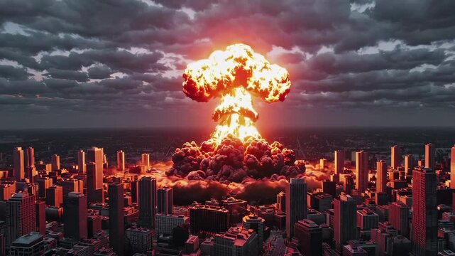 A Dramatic and Catastrophic Nuclear Explosion Unfolding Over an Urban Cityscape in the Modern World