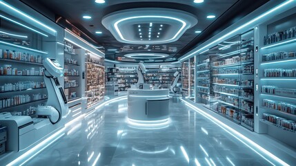 Futuristic Pharmacy: Automated Dispensing System and Sleek Design