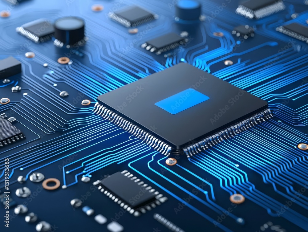 Poster intricate circuit board closeup, exploring the complexities of modern microchip technology