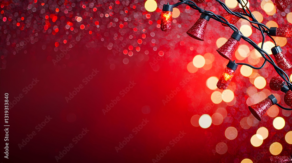 Poster red christmas string lights against festive background with bokeh and glitter sparkle