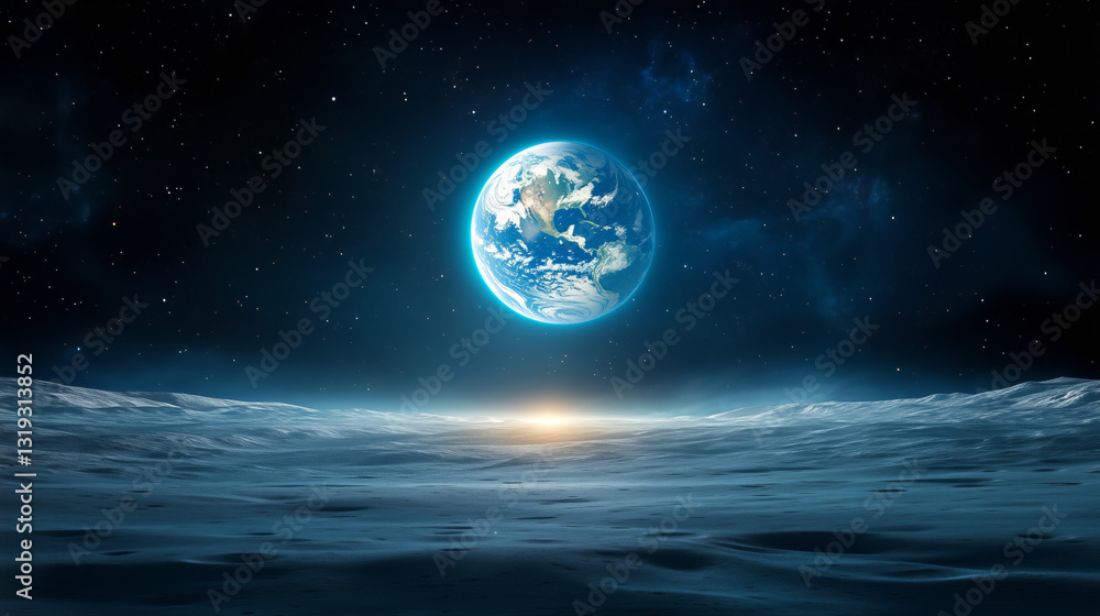 Poster a view of earth seen from the surface of the moon under a starry sky. the soft glow of sunlight refl