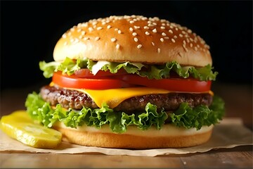 A tantalizing close-up of a classic cheeseburger, complete with a juicy patty, crispy lettuce, ripe tomato, and melted cheese, resting on a bun that's generously sprinkled with sesame seeds. The burge