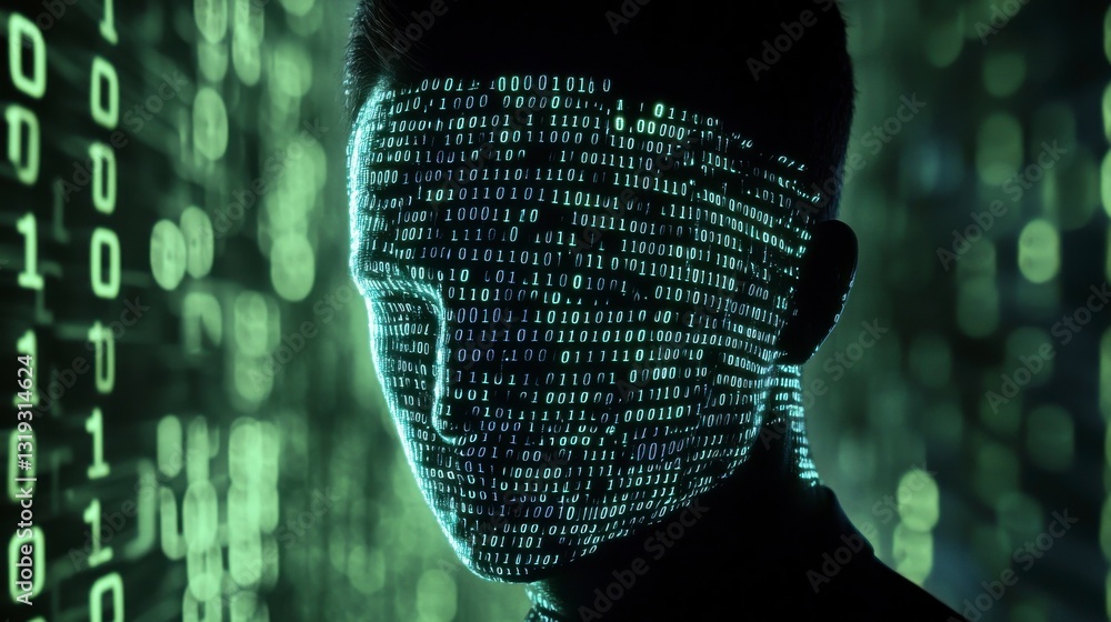 Poster glowing binary code face mask digital art