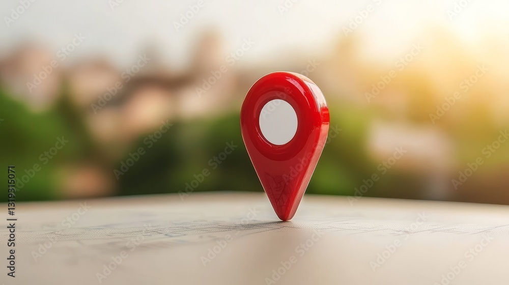 Poster red pin on map, precise location marking for travel and navigation