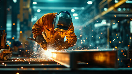 Industrial Welder Working in a Factory with Sparks Flying