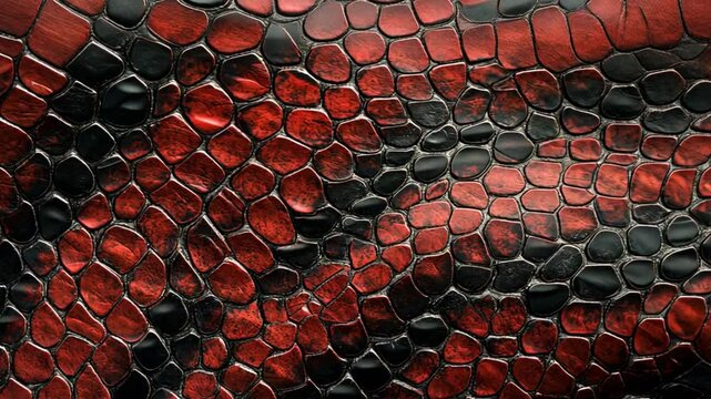 Textured close-up of black and red snake skin pattern background