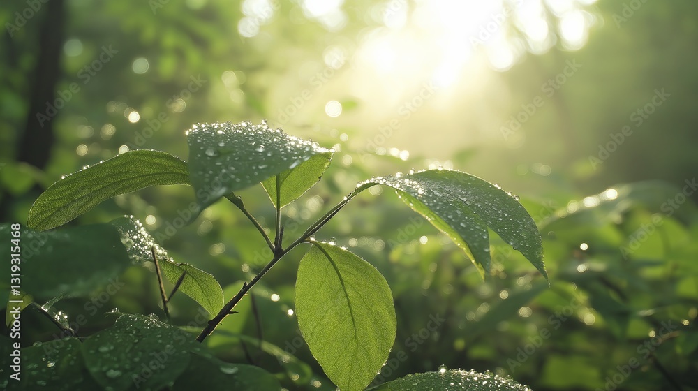 Poster a close-up of dew-covered leaves in a tranquil forest, with soft sunlight filtering through