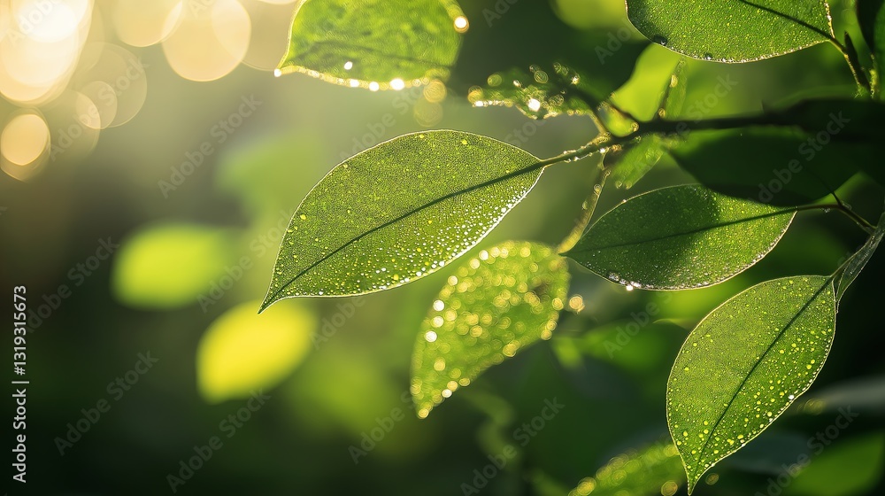 Poster a close-up of dew-covered leaves in a tranquil forest, with soft sunlight filtering through