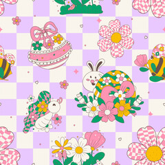 Seamless pattern groovy easter bunny and spring flower on color background. 