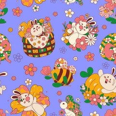 Fototapeta premium Seamless pattern groovy easter bunny and spring flower on color background. 