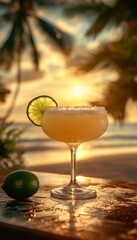 frozen classic lime margarita daquiri blended cocktail in a glass at a bar on the beach