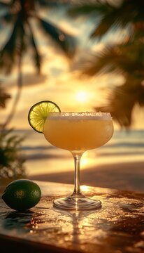 frozen classic lime margarita daquiri blended cocktail in a glass at a bar on the beach