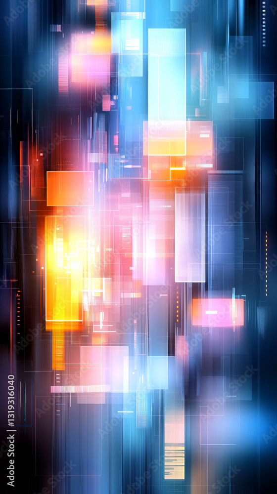 Poster vivid geometric shapes in blues, oranges, and pinks create a dynamic abstract background. it conveys