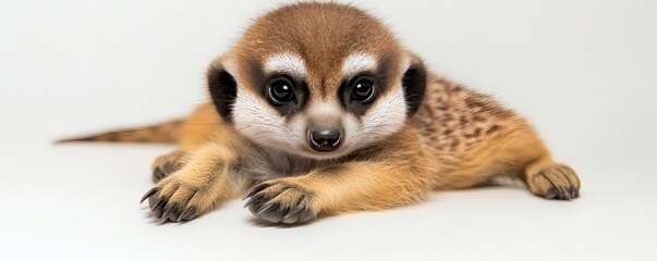 A cute adorable meerkat laying down on a plain white surface