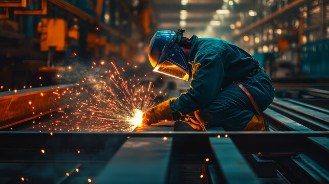 Industrial Welder Working in a Factory with Sparks Flying