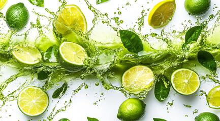 Slices of lemons and limes splash through green liquid, creating a dynamic and refreshing visual effect against a white background.