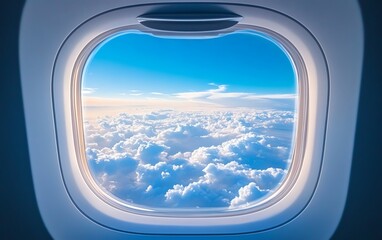 Vibrant blue sky with scattered white clouds as seen from an airplane window, capturing the beauty of a calm sky from an aerial view