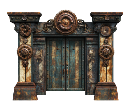 Ancient steampunk entrance with rusted gears and ornate details, showcasing blend of industrial and vintage aesthetics. captivating focal point for any design