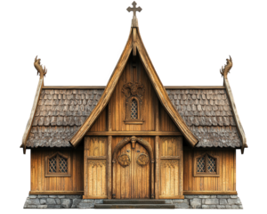 Scandinavian wooden stave church with steep roofs and intricate carvings, showcasing traditional architecture and craftsmanship. structure features decorative elements and welcoming entrance