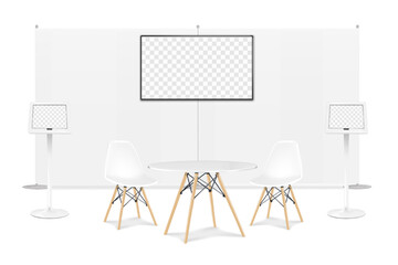 Trade show booth display kit mock-up. Expo tradeshow set template. Backdrop banner stand with LCD screen monitor, round table, two chairs, digital tablet holders. 3d vector mockup. Easy editable