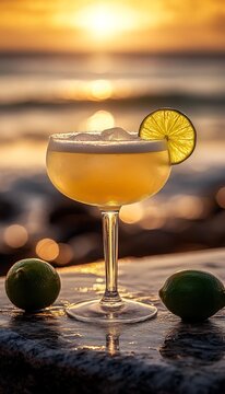frozen classic lime margarita daquiri blended cocktail in a glass at a bar on the beach