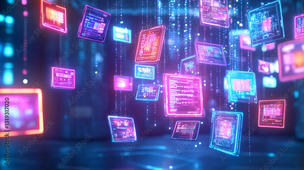 Poster floating digital panels illuminate the dark surroundings with vibrant colors, representing complex d