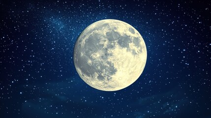 Obraz premium A mesmerizing close-up of the full moon, bathed in a serene pale yellowish-white hue with subtle blue hints, showcasing its smooth, captivating lunar surface