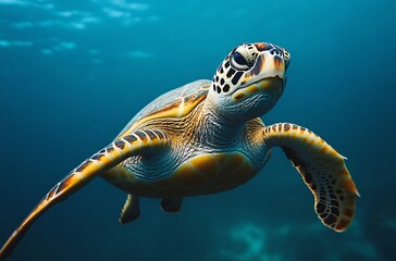 Fototapeta premium Sea Turtle's Graceful Glide: A stunning close-up underwater shot captures the serene majesty of a sea turtle gliding effortlessly through the clear, blue ocean waters.